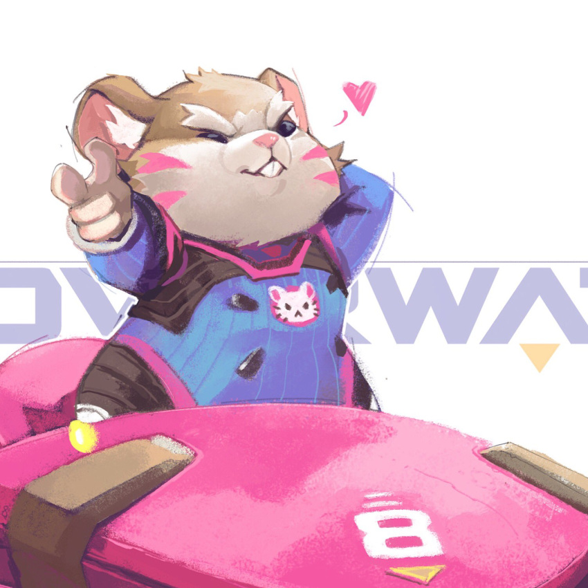 &lt;3 black_eyes blizzard_entertainment blue_bodysuit blue_clothing bodypaint bodysuit buckteeth clothing cosplay cricetid d.va_(overwatch) eyebrows face_paint feral finger_gun fur gesture hammond_(overwatch) hamster hi_res hosino_hikaru looking_at_viewer male mammal number one_eye_closed overwatch pink_nose pointing pointing_at_viewer rodent simple_background skinsuit solo tan_body tan_fur teeth text tight_clothing video_games white_body white_fur wink winking_at_viewer