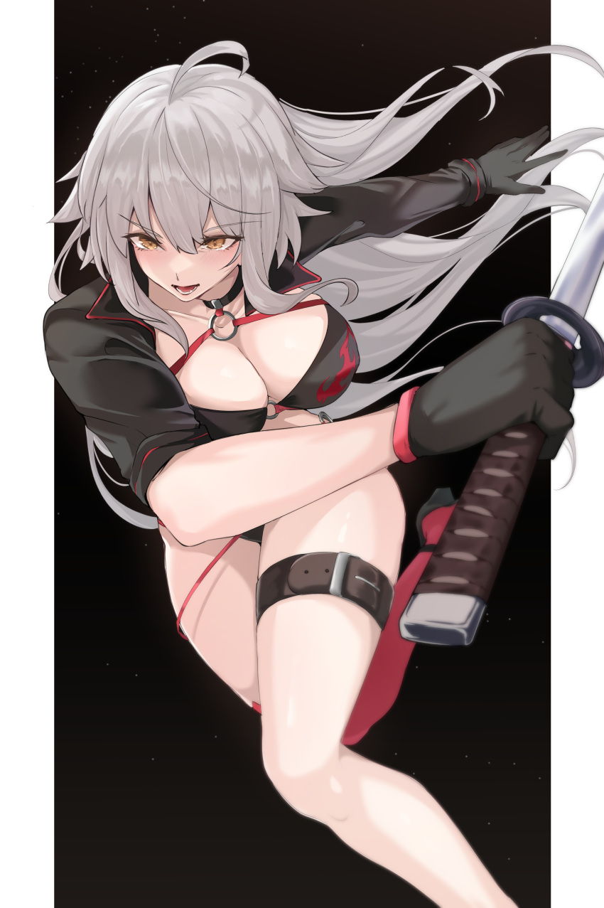 1girl absurdres ahoge bikini black_bikini black_gloves black_jacket breasts brown_eyes cleavage collarbone cropped_jacket fate/grand_order fate_(series) gloves grey_hair highres jacket jeanne_d'arc_alter_(fate) jeanne_d'arc_alter_(swimsuit_berserker)_(fate) katana large_breasts long_hair long_sleeves open_mouth red_thighhighs shrug_(clothing) single_thighhigh solo swimsuit sword thigh_strap thighhighs thighs vanko_(vank0a) weapon