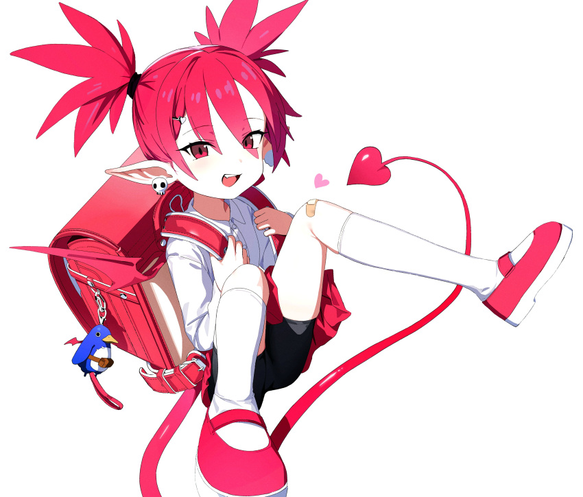 1girl absurdres animal_keychain backpack bag bandaid bandaid_on_knee bandaid_on_leg bird demon_girl demon_tail demon_wings disgaea earrings etna_(disgaea) fang heart heart_tail highres jewelry jiryu50610218 keychain kneehighs penguin pointy_ears randoseru red_eyes red_hair school_uniform shoes short_twintails skull_earrings socks tail twintails uwabaki wings