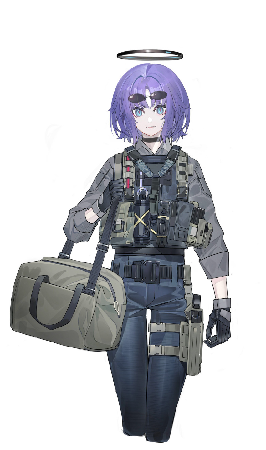 1girl alternate_costume alternate_hairstyle ammunition_pouch bag belt black_choker black_gloves blue_archive blue_eyes choker cowboy_shot cropped_legs denim echj eyewear_on_head gloves gun halo hand_up highres holster jacket jeans load_bearing_vest long_sleeves magazine_(weapon) pants parted_bangs pince-nez pouch purple_hair red_pupils rimless_eyewear short_hair shoulder_bag simple_background solo tactical_clothes thigh_holster tinted_eyewear weapon white_background yuuka_(blue_archive)