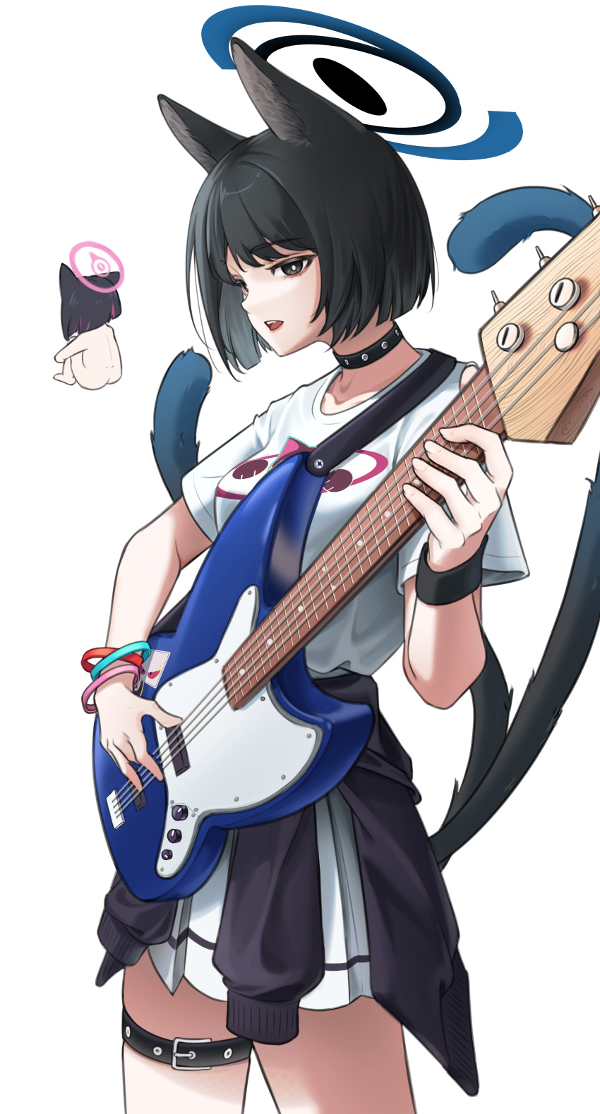 2girls absurdres animal_ears ass black_collar black_jacket blue_archive breasts cat_ears cat_girl cat_tail clothes_around_waist collar commentary_request electric_guitar fender_stratocaster grey_eyes guitar halo highres holding holding_instrument instrument jacket jacket_around_waist kazusa_(blue_archive) kikyou_(blue_archive) knees_up medium_breasts multicolored_hair multiple_girls multiple_tails nude open_mouth pink_hair pleated_skirt samgong shirt short_hair short_sleeves simple_background sitting skirt solo_focus streaked_hair tail two_tails white_background white_shirt white_skirt