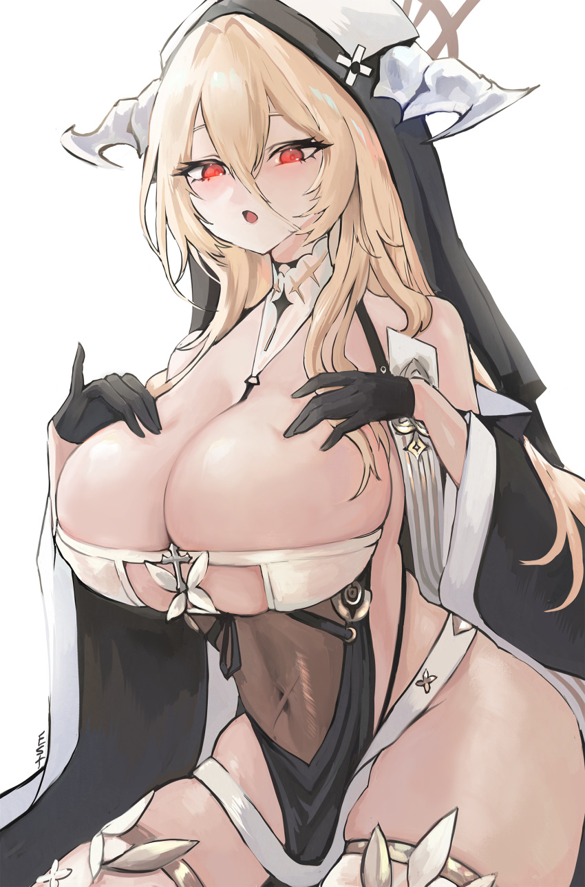 1girl azur_lane between_breasts black_gloves breast_cutout breasts cleavage covered_navel estelle8js fake_horns gloves habit half_gloves hand_on_own_chest highres horns huge_breasts implacable_(azur_lane) long_bangs nun open_mouth pelvic_curtain revealing_clothes thighhighs two-tone_dress veil white_background white_horns white_thighhighs