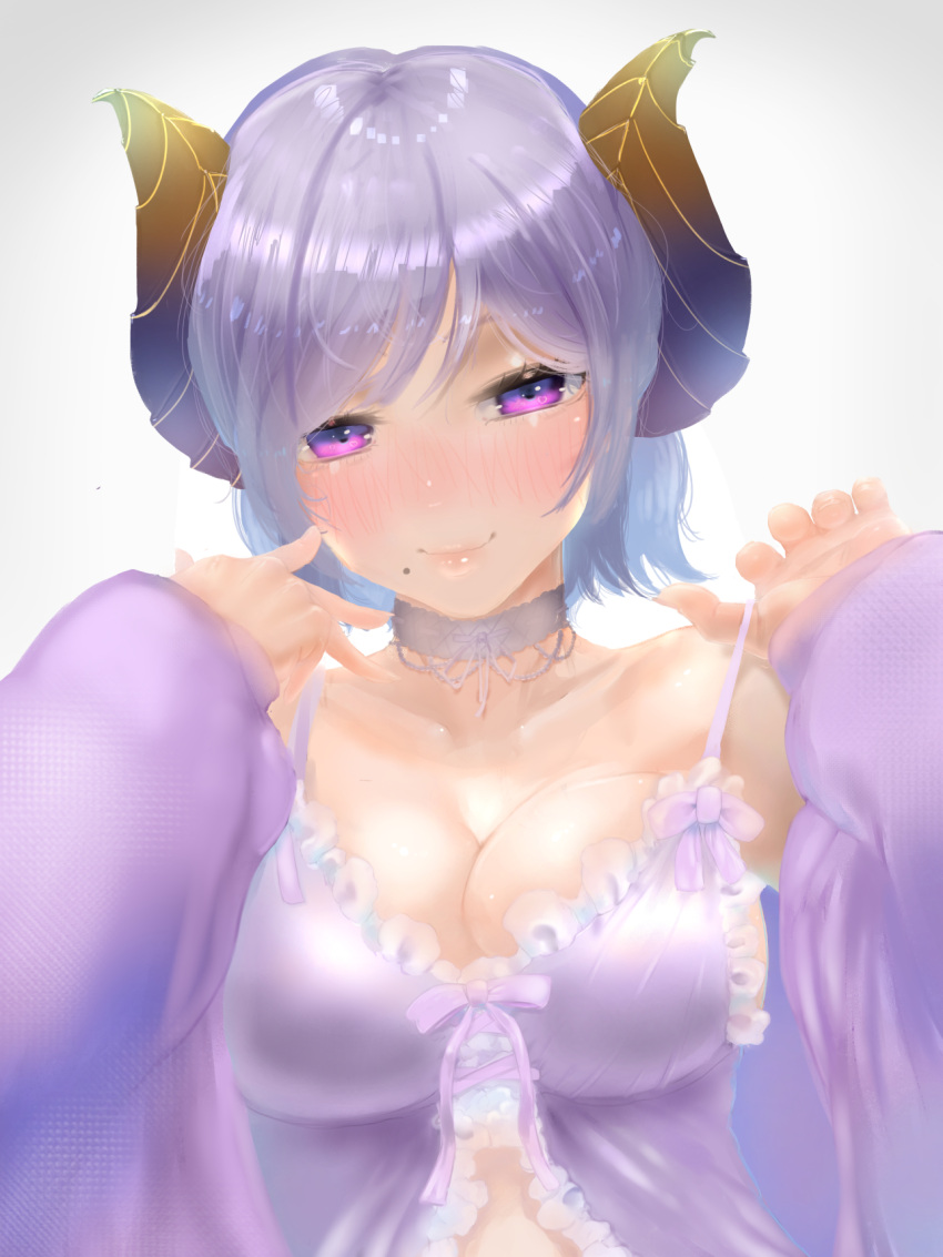 1girl babydoll blush breasts brown_horns cardigan cleavage closed_mouth commentary_request demon_girl demon_horns frilled_babydoll grey_choker highres honey_strap horns large_breasts long_sleeves looking_at_viewer medium_bangs mole mole_under_mouth nanashi_inc. purple_babydoll purple_cardigan purple_eyes purple_hair saionji_mary short_hair simple_background smile solo upper_body white_background yamashita_tomu