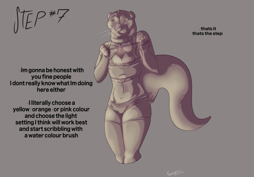 absurd_res ambiguous_gender anthro clothing curvy_figure english_text gloves handwear harness hi_res highlights_(coloring) how-to leash leash_pull legwear lutrine mammal mustelid pose possumgod solo stockings text wren_the_otter_(possumgod)