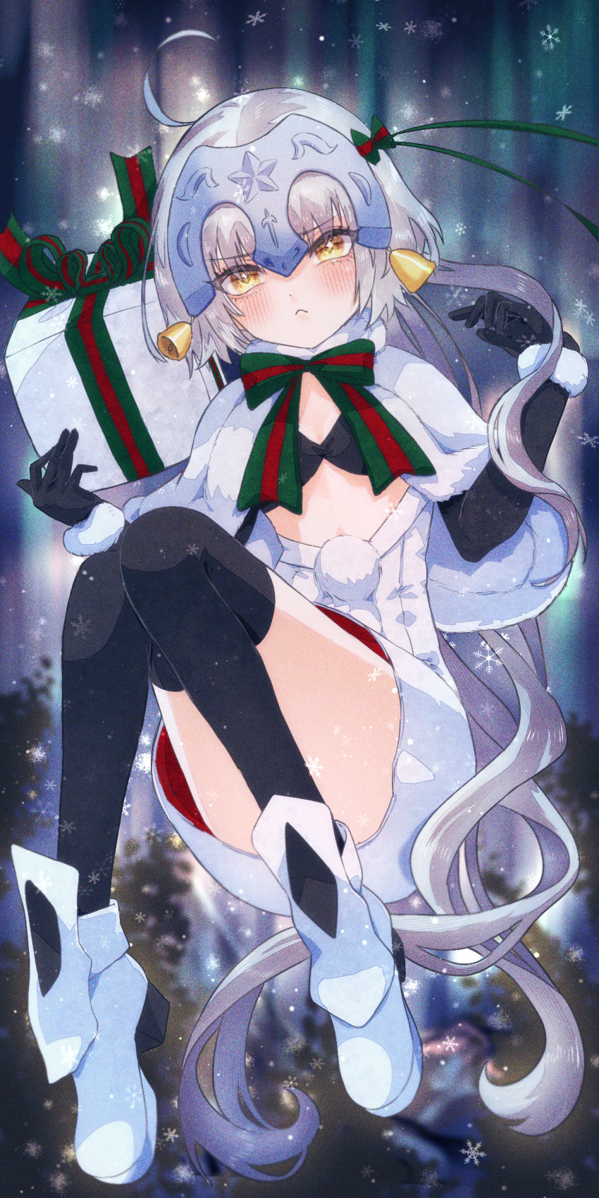 1girl absurdres ahoge bell bikini bikini_top_only black_gloves blush bow box breasts capelet chaldea_uniform dress elbow_gloves fate/grand_order fate_(series) full_body fur-trimmed_capelet fur_trim gift gift_box gloves green_bow green_ribbon headpiece highres holding holding_gift jeanne_d'arc_alter_santa_lily_(fate) long_hair looking_at_viewer q_(f72637285) ribbon small_breasts snowflakes solo striped_bow striped_ribbon swimsuit white_capelet white_dress white_hair yellow_eyes