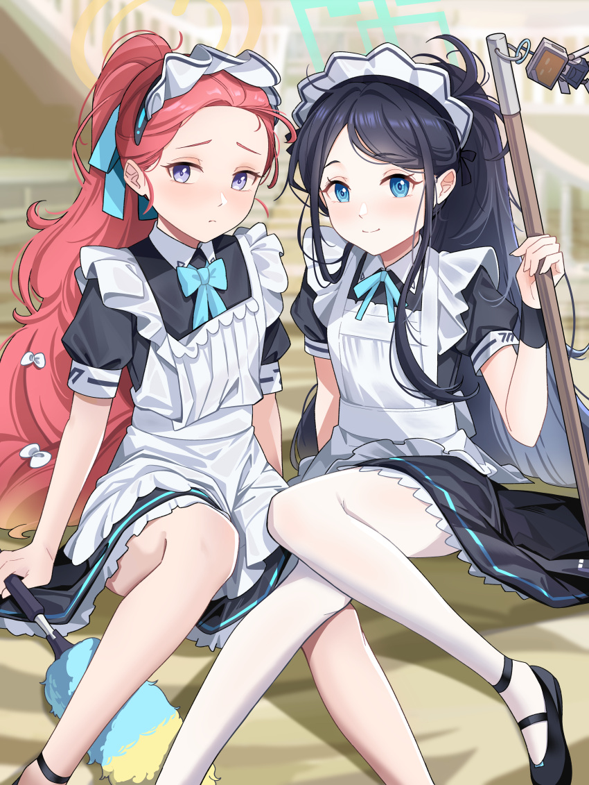 2girls absurdres apron aris_(blue_archive) aris_(maid)_(blue_archive) black_footwear black_hair blue_archive blue_eyes closed_mouth english_commentary highres holding indoors loafers long_hair looking_at_viewer maid maid_apron maid_headdress multiple_girls nuebunny official_alternate_costume pantyhose pink_hair ponytail puffy_short_sleeves puffy_sleeves shoes short_sleeves sitting smile white_apron white_pantyhose yuzu_(blue_archive) yuzu_(maid)_(blue_archive)