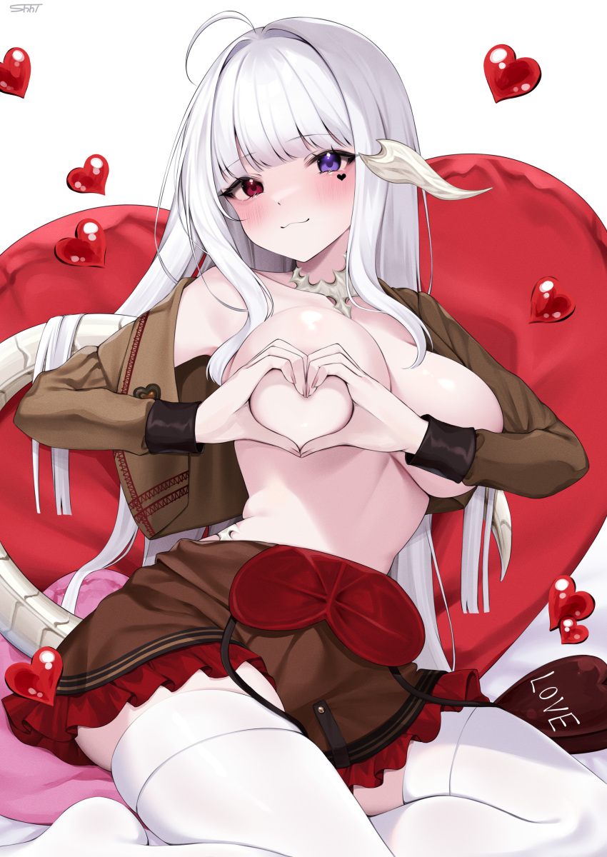 1girl :3 absurdres ahoge au_ra blue_eyes blush breasts brown_jacket brown_skirt closed_mouth commentary_request cropped_jacket dragon_girl dragon_horns dragon_tail facial_tattoo final_fantasy final_fantasy_xiv frilled_skirt frills heart heart-shaped_boob_challenge heart_tattoo heterochromia highres horns jacket large_breasts long_hair open_clothes open_jacket red_eyes scales shhilee signature skirt solo tail tattoo thighhighs warrior_of_light_(ff14) white_hair white_thighhighs