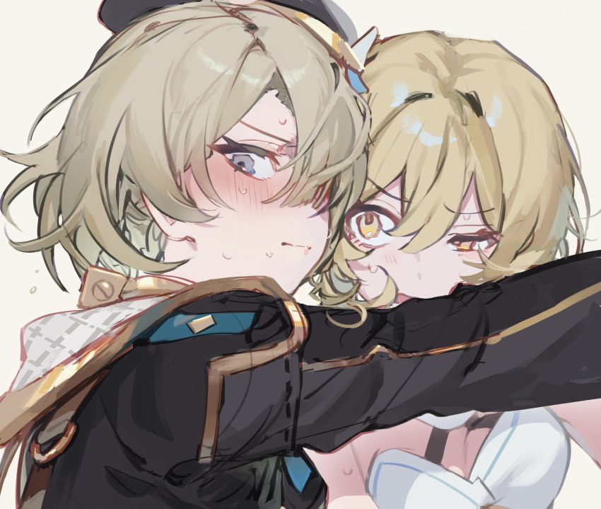 1boy 1girl androgynous black_headwear blonde_hair blush detached_sleeves dress freminet_(genshin_impact) genshin_impact gold_trim gpw469 hair_between_eyes hair_over_one_eye hat highres looking_at_viewer lumine_(genshin_impact) protecting scarf short_hair_with_long_locks sidelocks sweat top_hat white_dress white_scarf yellow_eyes