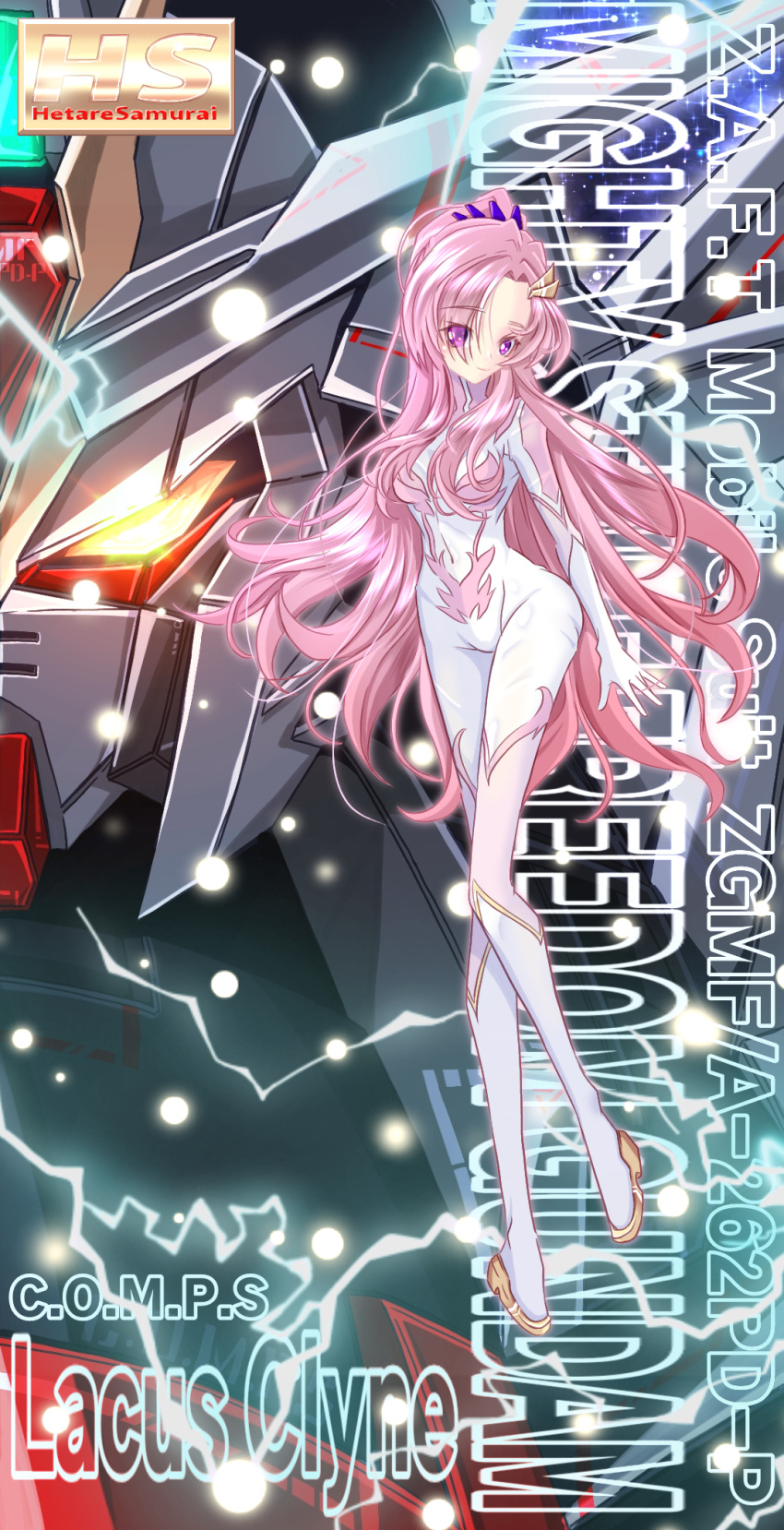 1girl bodysuit box_art character_name commentary_request electricity english_text fake_box_art full_body glowing glowing_eyes gundam gundam_seed gundam_seed_freedom hair_ornament hairclip highres lacus_clyne long_hair looking_at_viewer mecha mighty_strike_freedom_gundam mobile_suit pilot_suit pink_hair purple_eyes robot science_fiction upper_body user_tnmj5373 v-fin very_long_hair yellow_eyes