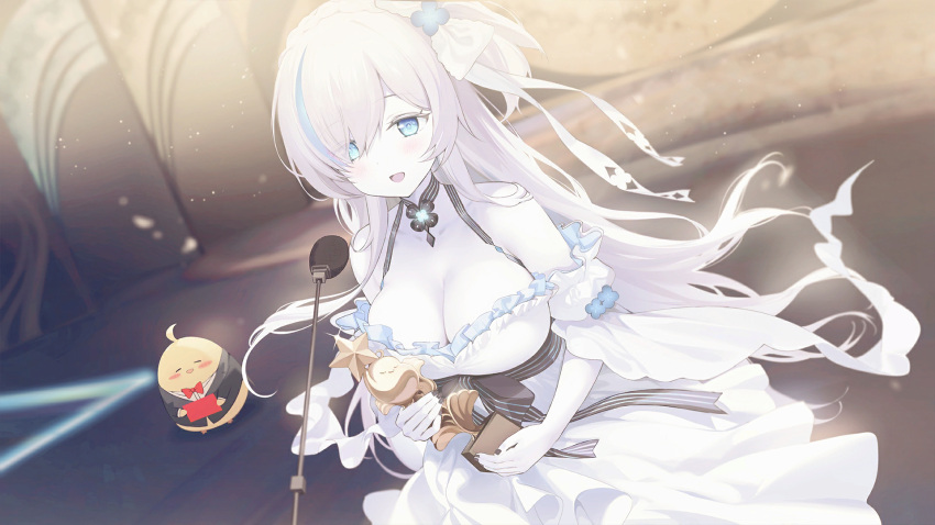 1girl aged_up artist_request azur_lane black_nails blue_eyes blue_hair blush breasts cleavage colored_eyelashes colored_skin dress eyes_visible_through_hair fingernails flower four-leaf_clover_necklace frilled_dress frills game_cg hair_flower hair_ornament highres holding_trophy indoors jewelry large_breasts layered_dress long_hair manjuu_(azur_lane) microphone microphone_stand multicolored_hair nail_polish necklace non-web_source official_art one_side_up pale_skin smile stage streaked_hair tb_(azur_lane) tb_(type-s)_(azur_lane) two-tone_hair white_hair white_skin