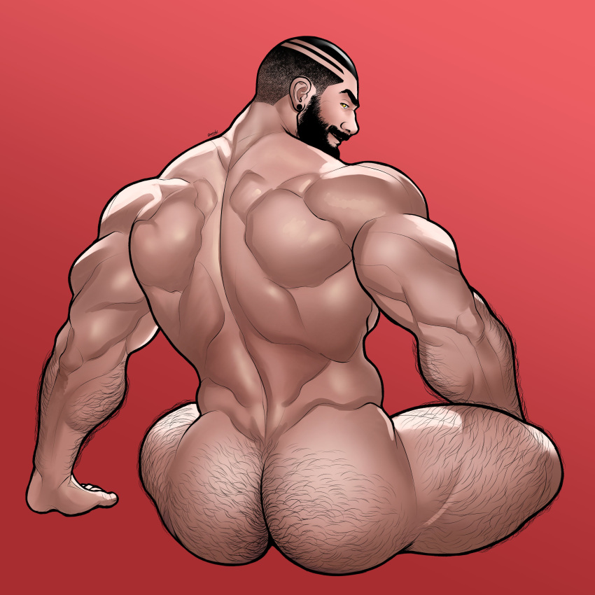 1boy absurdres artist_name ass bara beard buzz_cut completely_nude ear_piercing facial_hair gherod hairy highres huge_ass looking_at_viewer looking_back male_focus manly mature_male muscular muscular_male nude original piercing red_background short_hair signature simple_background sitting smirk solo thick_arms thick_eyebrows thick_thighs thighs triceps very_short_hair
