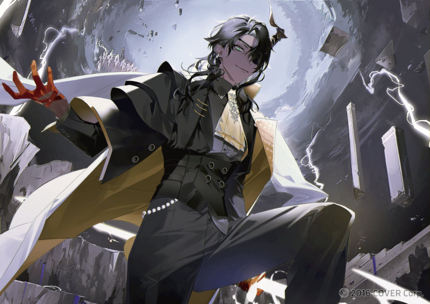 1boy anno_meiji aragami_oga ascot black_capelet black_hair black_jacket black_pants black_shirt black_suit braid broken_pillar buttons capelet castle cloud coat coat_on_shoulders collared_shirt copyright_notice cuff_links cummerbund dark-skinned_male dark_skin demon_boy demon_horns double-breasted earrings energy_weapon eyepatch feet_out_of_frame gloves green_eyes half_gloves holding holding_polearm holding_weapon holostars horns jacket jewelry lapels lightning long_hair long_sleeves looking_at_viewer looking_down male_focus official_alternate_costume official_art overcast pants pillar polearm red_gloves rock ruins shirt side_braid side_cape single_horn sky smile solo spear standing stepping suit two-sided_coat two-sided_fabric virtual_youtuber weapon white_coat yellow_ascot yellow_coat