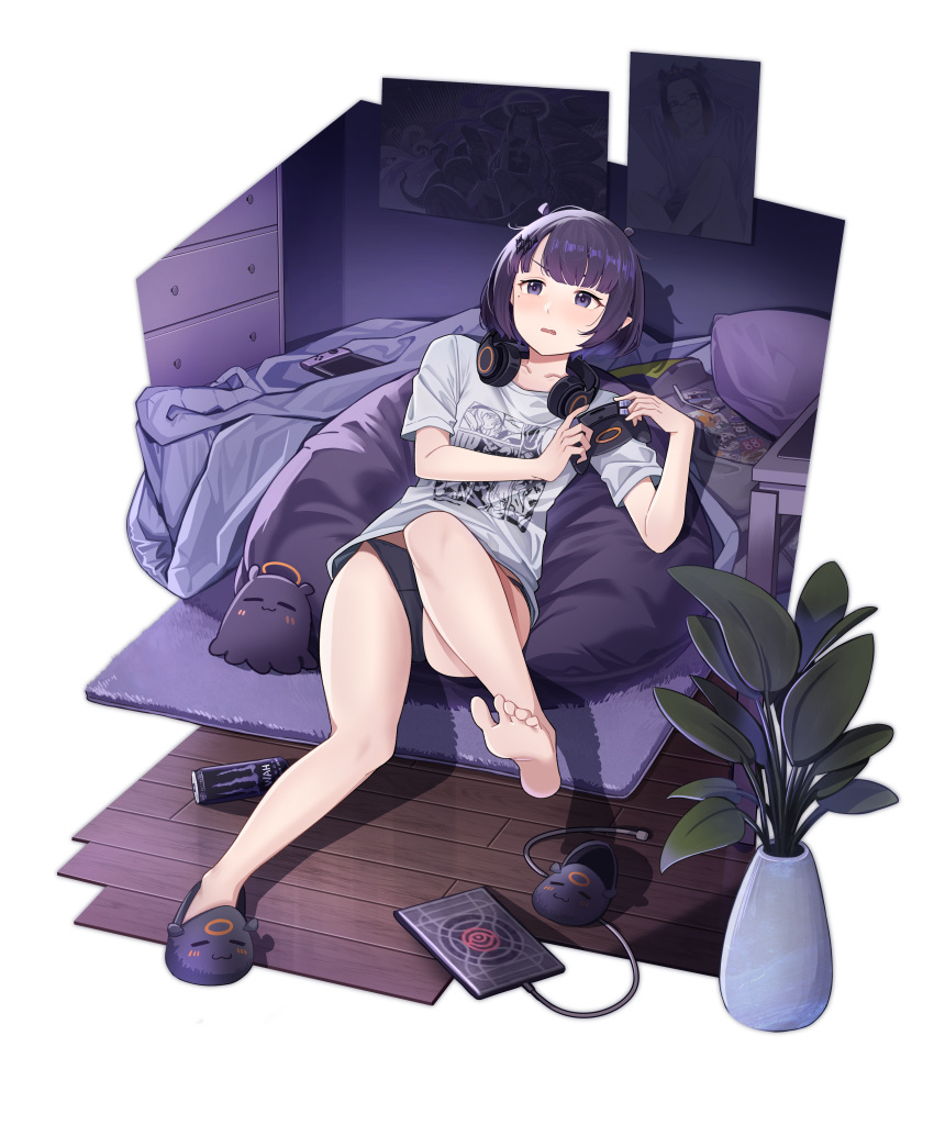 1girl absurdres barefoot black_panties commentary controller crocs full_body game_controller headphones headphones_around_neck highres holding holding_controller holding_game_controller hololive hololive_english indoors lying ninomae_ina'nis ninomae_ina'nis_(5th_costume) no_pants nuebunny on_back panties pillow plant potted_plant purple_hair shirt short_hair short_sleeves soles solo takodachi_(ninomae_ina'nis) toes underwear virtual_youtuber white_shirt