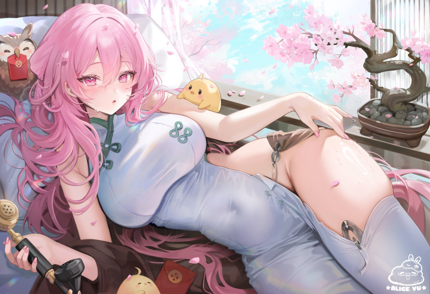 1girl alice_vu alternate_costume animal azur_lane bare_shoulders bird blush bonsai breasts chick china_dress chinese_clothes covered_navel dress highres holding holding_phone indoors large_breasts looking_at_viewer lying nail_polish navel no_panties official_alternate_costume on_side open_mouth owl perseus_(azur_lane) perseus_(spring_lackadaisical_leisure)_(azur_lane) phone pink_eyes pink_hair pink_nails side_slit skin_tight sleeveless sleeveless_dress solo white_dress