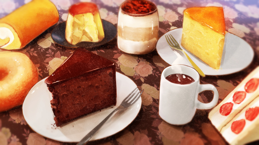 cake cake_slice coffee coffee_cup cup dessert disposable_cup drink food food_focus fork highres kaneko_ryou no_humans original plate pudding still_life strawberry_shortcake swiss_roll table