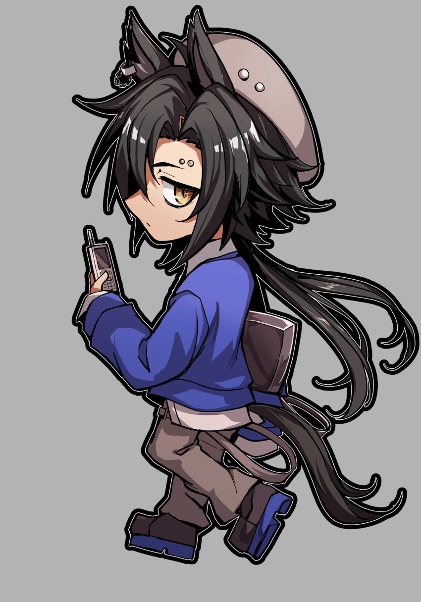 1girl air_shakur_(umamusume) animal_ears beret black_hair blue_jacket cellphone chibi closed_mouth computer eyebrow_piercing full_body grey_background grey_pants hat highres holding holding_phone horse_ears horse_girl horse_tail jacket karate_(karatedazey) laptop long_hair long_sleeves looking_at_viewer pants phone piercing platform_footwear shirt shoes sideways_glance sideways_mouth solo tail umamusume white_shirt yellow_eyes