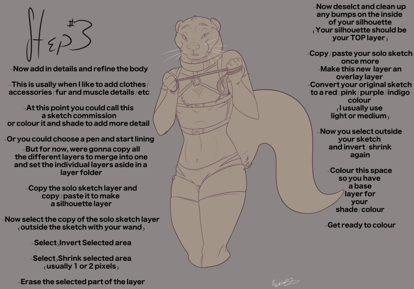 absurd_res ambiguous_gender anthro clothing curvy_figure detailed_sketch english_text harness hi_res how-to leash leash_pull legwear lutrine mammal mustelid mustlelid pose possumgod solo stockings text wren_the_otter_(possumgod)