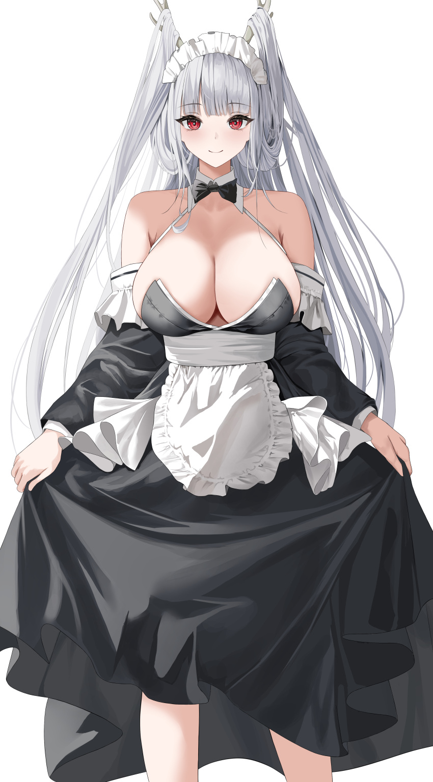 1girl absurdres antlers apron azur_lane bare_shoulders bow bowtie breasts cleavage closed_mouth clothes_lift collarbone commission detached_collar dlnk feet_out_of_frame grey_hair halterneck highres horns large_breasts long_hair long_sleeves looking_at_viewer maid maid_headdress pixiv_commission red_eyes shimanto_(azur_lane) simple_background skirt skirt_lift smile solo straight-on traditional_bowtie very_long_hair waist_apron white_background