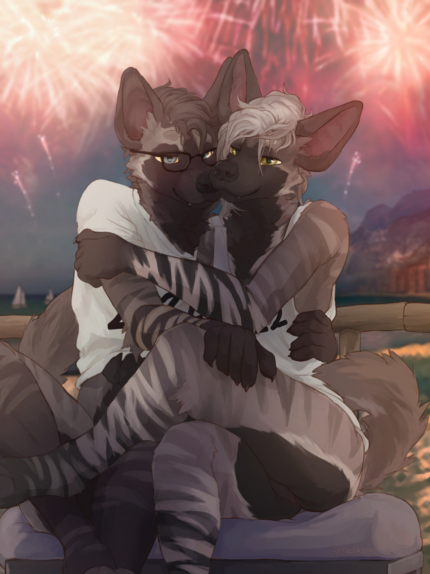 absurd_res anthro beach bench boat bottomless brown_body brown_fur casimir_(maji) clothed clothing crossed_legs duo embrace eyewear fence fireworks fur glasses hi_res hug hyaenid maji maji_(maji) male mammal mountain outside raised_clothing raised_shirt raised_topwear sand sea seaside shirt sitting striped_body striped_fur striped_hyena stripes tank_top topwear vehicle water watercraft