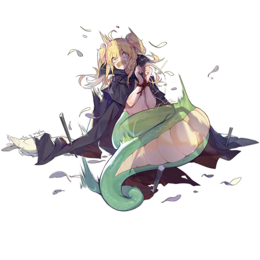 1girl ^^^ ahoge bird black_cape blonde_hair blue_eyes bound breasts cape constricted_pupils crying crying_with_eyes_open feathers full_body gag girls'_frontline highres improvised_gag jashin-chan jashin-chan_dropkick lamia long_hair looking_up monster_girl naked_cape official_alternate_costume official_art scared shadow simple_background sitting small_breasts solo stake tape tape_gag tears third-party_source tied_up_(nonsexual) transparent_background twintails v-shaped_eyebrows very_long_hair white_bird xiao_qiang_sang