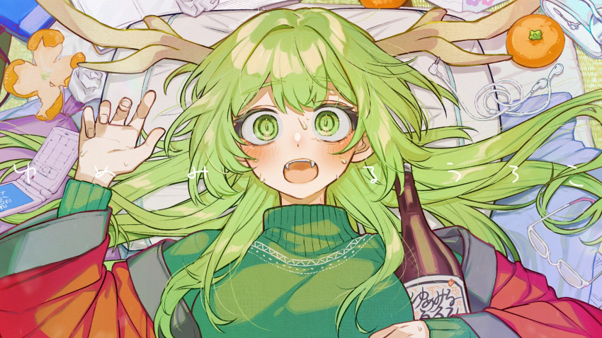 1girl alarm_clock blush bottle breasts bukiyama cellphone clock commentary crumpled_paper dragon_horns earbuds earphones fangs flip_phone food fruit futon glasses green_eyes green_hair green_sweater hair_spread_out hand_up hanten_(clothes) head_on_pillow highres horns hugging_object large_breasts long_hair long_sleeves lying mandarin_orange messy_room on_back orange_peel phone sake_bottle slit_pupils solo song_name sweat sweater symbol-only_commentary turtleneck turtleneck_sweater upper_body voisona waking_up wide-eyed yumemiru_uroko_(voisona)