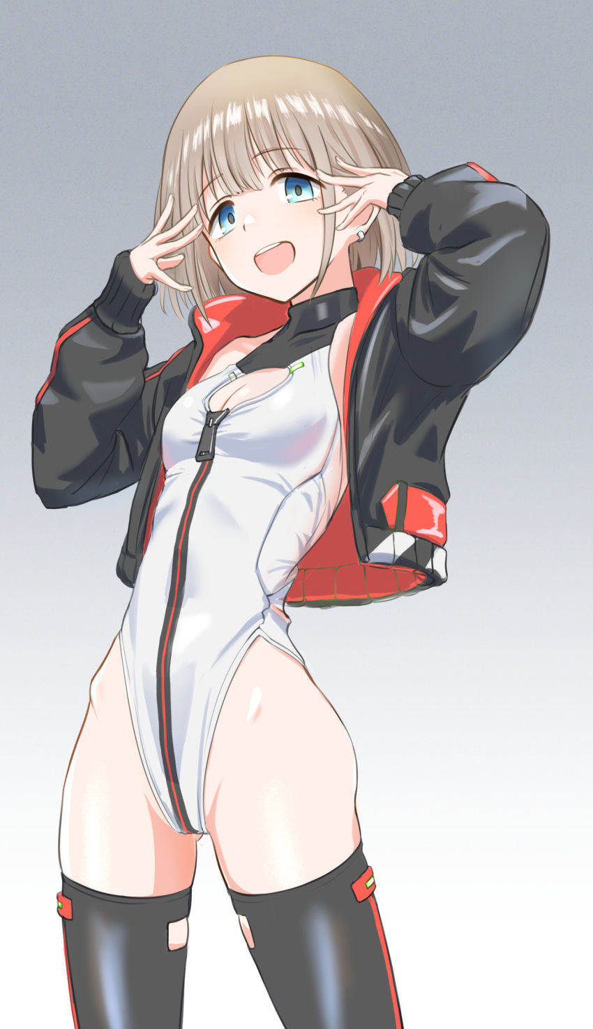 1girl alice_gear_aegis black_jacket black_thighhighs circle_cutout cleavage_cutout clothing_cutout companion/af cosplay covered_collarbone cowboy_shot front_zipper full-length_zipper gradient_background grey_background highleg highleg_leotard highres idolmaster idolmaster_shiny_colors jacket leotard lowlegist race_queen serizawa_asahi sleeveless_turtleneck_leotard solo standing thighhighs turtleneck_leotard two-tone_leotard white_leotard zipper zipper_leotard zipper_pull_tab