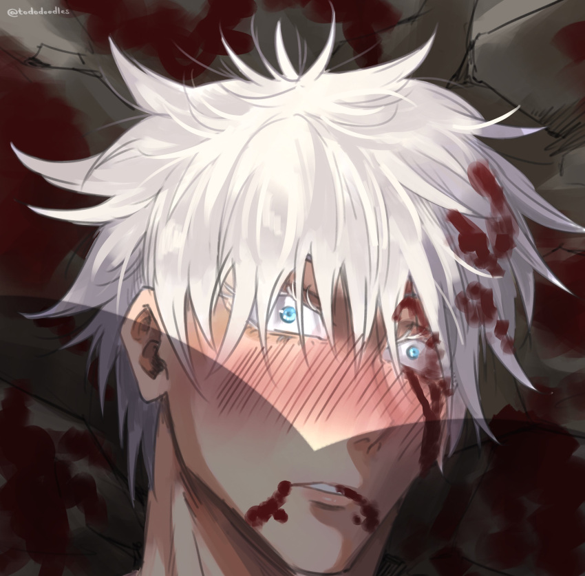 1boy absurdres blood blood_on_face blood_splatter blue_eyes boob_shadow_(meme) constricted_pupils eyelashes gojou_satoru highres jujutsu_kaisen looking_at_viewer male_focus meme short_hair solo tododoodles upper_body white_hair