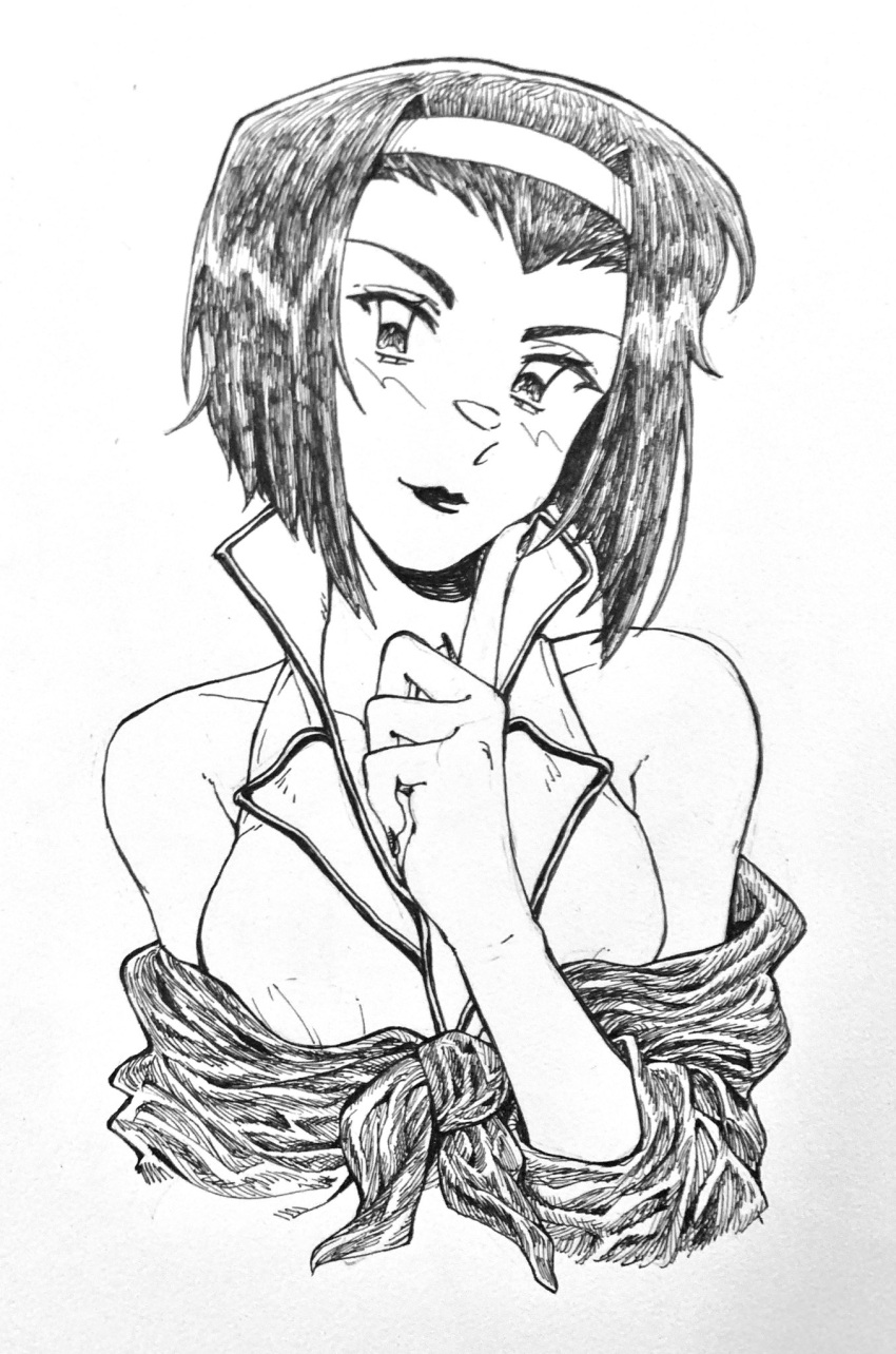 1girl commentary cowboy_bebop english_commentary faye_valentine goomyloid hairband head_tilt highres index_finger_raised ink_(medium) lipstick looking_at_viewer makeup monochrome short_hair simple_background sketch solo traditional_media upper_body white_background