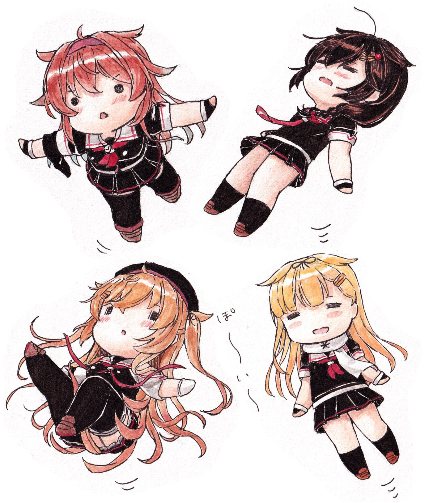 4girls ahoge beret black_gloves black_headwear black_ribbon black_serafuku black_skirt black_socks black_thighhighs blonde_hair braid chibi closed_eyes fingerless_gloves floating gloves hair_flaps hair_ornament hair_ribbon hairband hairclip hat highres kantai_collection long_hair multiple_girls murasame_(kancolle) murasame_kai_ni_(kancolle) neckerchief open_mouth parted_lips pleated_skirt poipoi_purin red_neckerchief ribbon sailor_collar scarf school_uniform serafuku shigure_(kancolle) shigure_kai_ni_(kancolle) shiratsuyu_(kancolle) shiratsuyu_kai_ni_(kancolle) short_sleeves simple_background single_braid skirt socks thighhighs white_background white_gloves white_sailor_collar white_scarf yuudachi_(kancolle) yuudachi_kai_ni_(kancolle)