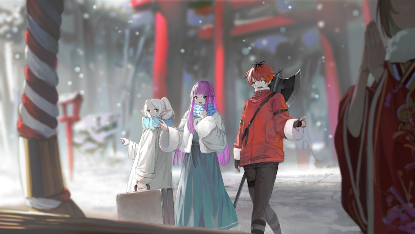 1boy 3girls axe battle_axe black_hair coat dress elf fern fingerless_gloves frieren gloves hatsumoude highres holding holding_suitcase jacket japanese_clothes kimono long_hair looking_at_another mmi_ryu multicolored_hair multiple_girls new_year open_mouth own_hands_clasped own_hands_together pointy_ears purple_hair red_hair red_jacket scarf shrine snow sousou_no_frieren stark_(sousou_no_frieren) suitcase torii twintails two-tone_hair weapon white_hair winter winter_clothes