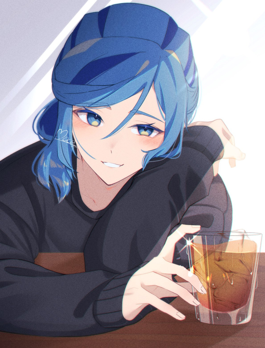 1boy alternate_costume black_sweater blue_eyes blue_hair commentary_request eyelashes grin grusha_(pokemon) hair_between_eyes highres long_sleeves looking_at_viewer male_focus mocacoffee_1001 pokemon pokemon_sv signature sleeves_past_wrists smile solo sweater table teeth tumbler