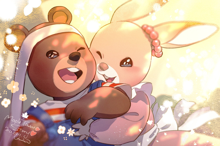 anthro bear bobby_(maple_town) duo female friends happy hi_res lagomorph leporid male mammal maple_town patty_(maple_town) rabbit u-min