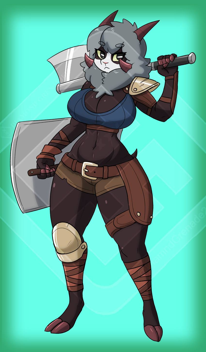 absurd_res anthro armor axe big_breasts breasts diamond_grenadier dubwool female generation_8_pokemon hi_res knee_guards leather leather_armor mercenary nintendo pokemon pokemon_(species) shield shoulder_pads solo unconvincing_armor