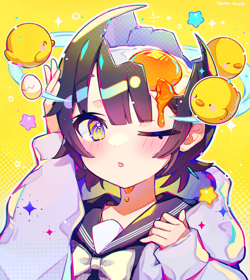 1girl @_@ artist_name bird blush_stickers bow bowtie broken_egg brown_hair chestnut_mouth chick commentary cracked_egg egg_(food) egg_yolk eggshell food fried_egg highres hood hoodie long_sleeves medium_hair multicolored_eyes natsu_enoch one_eye_closed original pain parted_lips portrait sailor_collar school_uniform seeing_stars solo star_(symbol) surreal symbol-only_commentary white_bow white_bowtie white_hoodie yellow_background yellow_theme