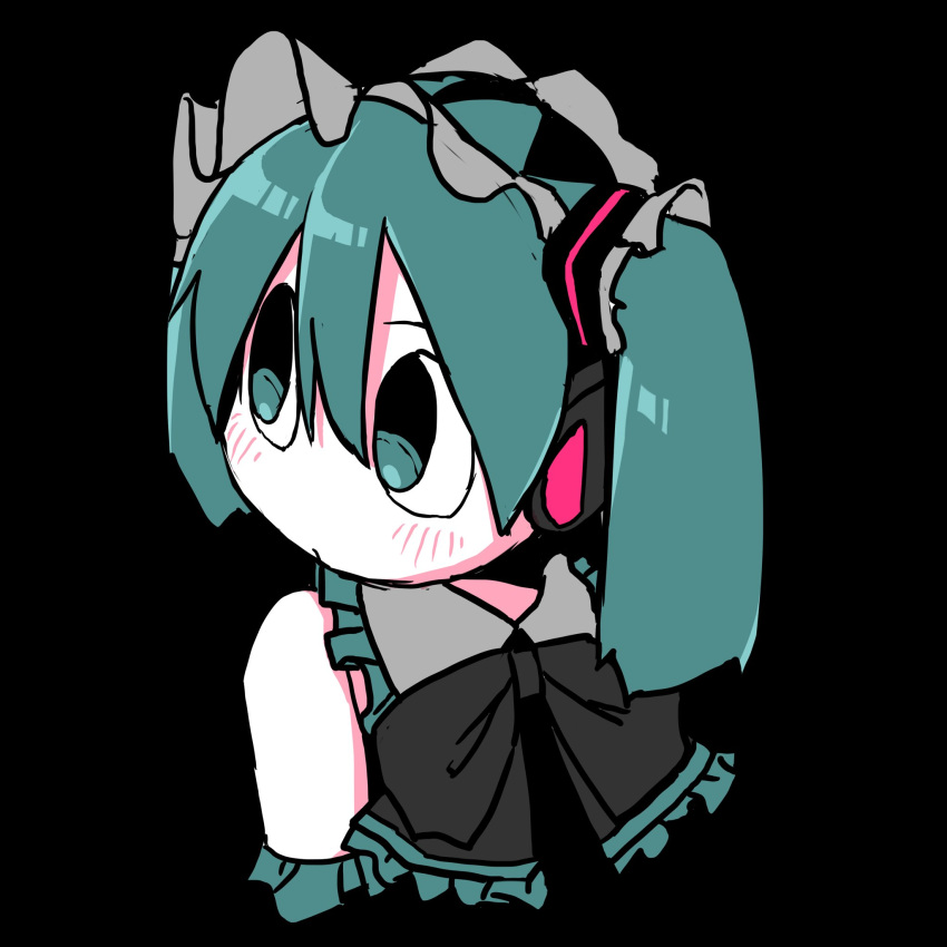 1girl alternate_costume alternate_hair_length alternate_hairstyle bare_shoulders black_background black_bow black_bowtie black_shirt blending blue_eyes blue_hair blush bow bowtie cropped_torso explosion_psycho frilled_hairband frills hair_ornament hairband hatsune_miku headphones highres looking_back medium_hair shirt simple_background sleeveless sleeveless_shirt solo twintails upper_body vocaloid