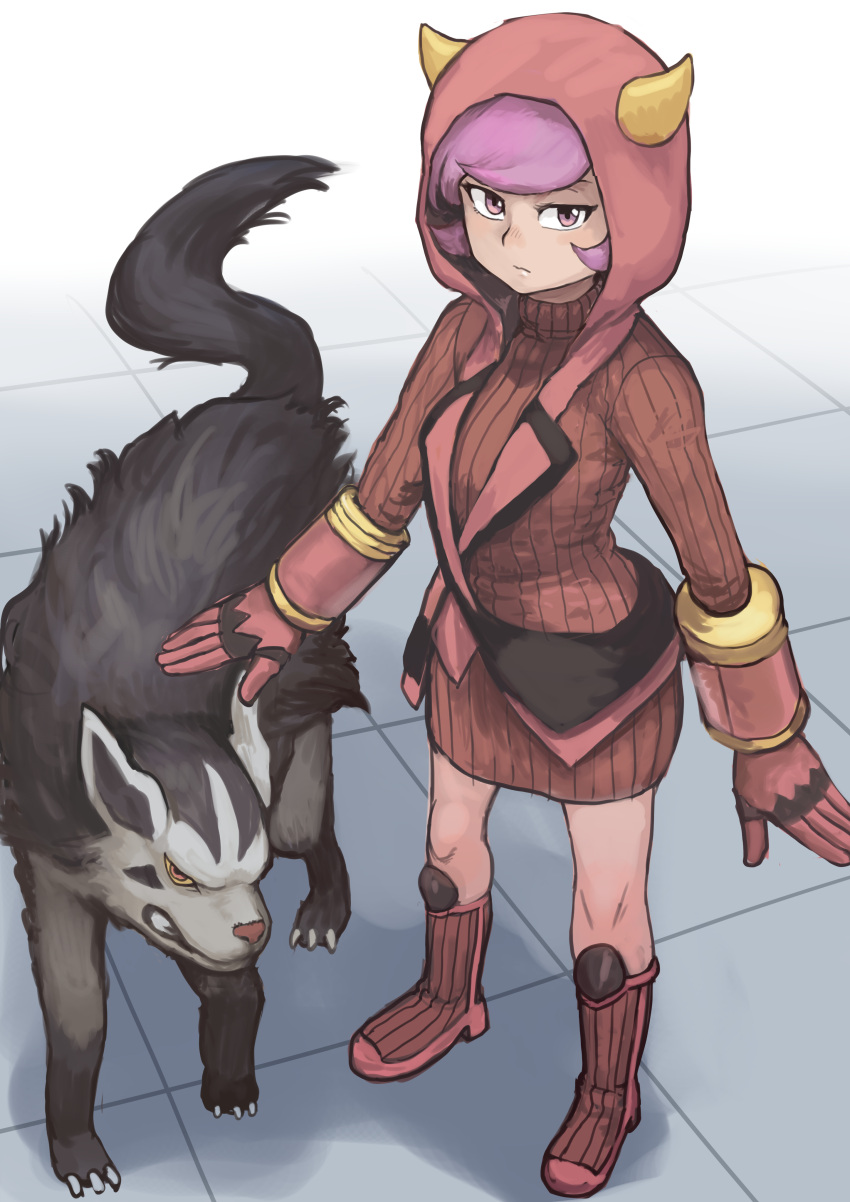 1girl absurdres boots chanta_(ayatakaoisii) courtney_(pokemon) fake_horns full_body gloves highres hood hood_up horned_headwear horned_hood horns long_sleeves mightyena pokemon pokemon_(creature) purple_eyes purple_hair red_footwear red_gloves ribbed_sweater shadow short_hair solo standing sweater team_magma