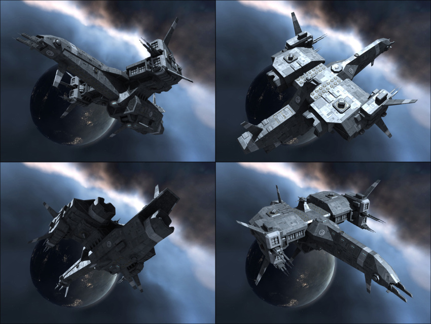 3d battleship_(eve_online) caldari_state_(eve_online) commentary concept_art emblem eve_online from_above from_behind from_below from_side glowing grey_theme highres military_vehicle missile_pod multiple_views nebula no_humans original outdoors planet radio_antenna realistic reference_sheet science_fiction space spacecraft spinner-vision thrusters turret vehicle_focus