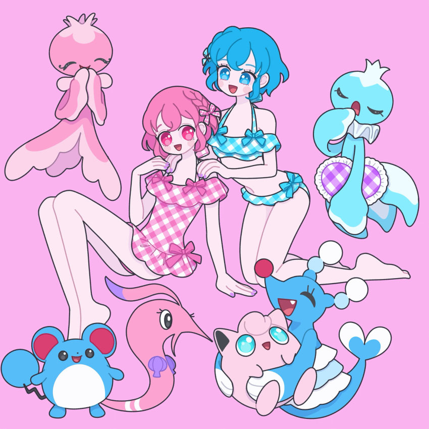 1boy 1girl :d bare_shoulders barefoot bikini blue_bikini blue_eyes blue_hair blue_ribbon braid brionne brother_and_sister crossdressing crossover dorothy_west frillish frillish_(female) frillish_(male) full_body hand_up hands_on_another's_shoulders highres invisible_chair jigglypuff kneeling looking_at_viewer marill mole mole_under_eye nyaasechan one-piece_swimsuit open_mouth otoko_no_ko pink_background pink_eyes pink_hair pink_one-piece_swimsuit pink_ribbon plaid plaid_bikini pokemon pokemon_(creature) pretty_series pripara reona_west ribbon short_hair siblings side_braid simple_background sitting smile swimsuit twins yawning