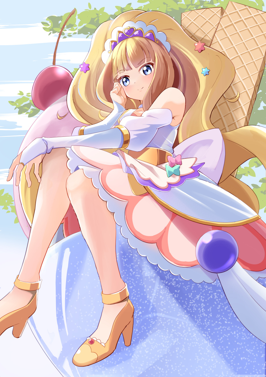 1girl absurdres ankle_strap apron arm_on_knee back_bow blonde_hair blue_eyes blunt_bangs blush bow bowl bridal_gauntlets candy candy_hair_ornament cherry closed_mouth clothing_cutout commentary crossed_legs cure_finale delicious_party_precure dress elbow_gloves food food-themed_hair_ornament fruit gloves hair_ornament hand_on_own_face high_heels highres huge_bow kasai_amane konpeitou long_hair long_sleeves looking_at_viewer magical_girl medium_dress oversized_food oversized_object parfait precure purple_headwear shoulder_cutout sidelocks sitting smile solo tiara tirofinire wafer_stick waist_apron white_bow white_dress wide_ponytail yellow_footwear