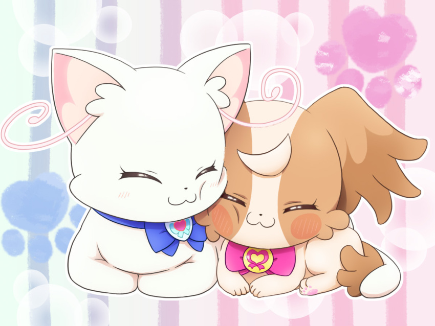 blue_background blue_bow blush_stickers bow cat cheek-to-cheek closed_eyes dog gradient_background heads_together inukai_komugi inukai_komugi_(dog) mameshiba_(pixiv_59310) multicolored_background nekoyashiki_yuki nekoyashiki_yuki_(cat) no_humans papillon_(dog) paw_print pink_background pink_bow precure striped_background white_cat wonderful_precure!