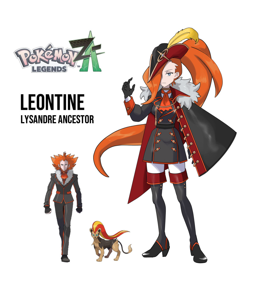 1boy 1girl absurdres bicorne black_footwear black_gloves blue_eyes boots buttons cape character_name closed_mouth copyright_name english_commentary fur-trimmed_cape fur_trim gloves hair_over_one_eye hat hat_feather highres long_hair lysandre_(pokemon) official_art_inset orange_hair original pokemon pokemon_(creature) pokemon_legends:_z-a pyroar pyroar_(female) reference_inset rhymewithray simple_background standing thigh_boots white_background