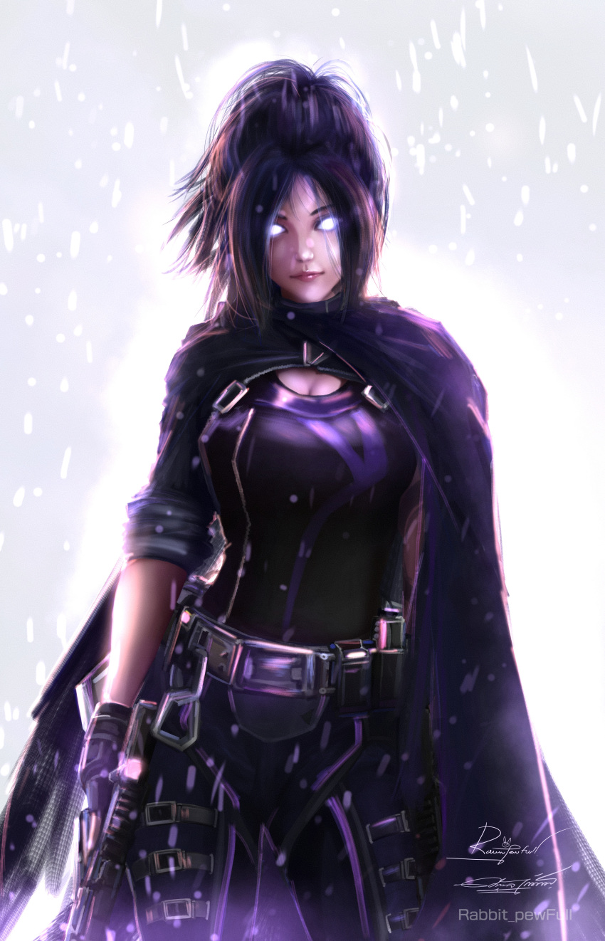 1girl absurdres apex_legends artist_name black_bodysuit black_cape black_gloves bodysuit breasts cape cleavage fingerless_gloves gloves glowing glowing_eyes head_tilt highres looking_at_viewer medium_breasts parted_bangs rabbit_pewfull signature smile snowing solid_eyes solo trigger_discipline wraith_(apex_legends)