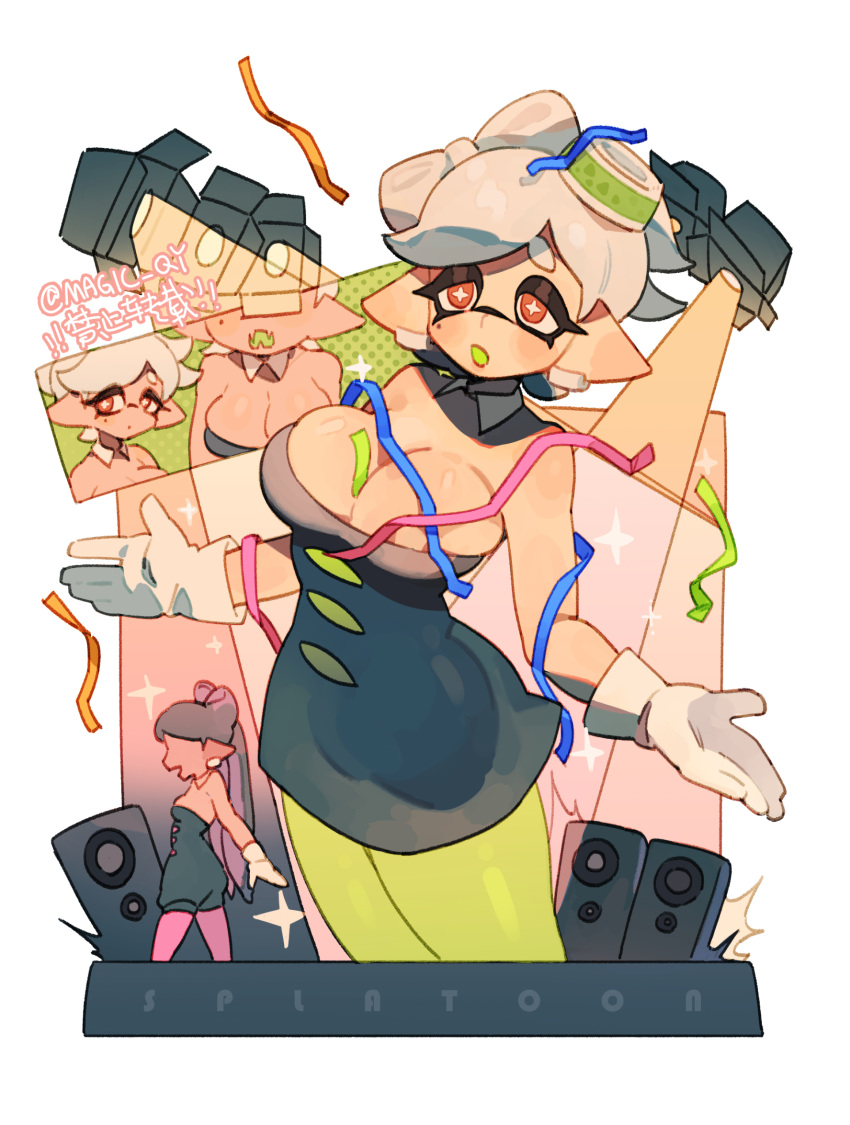 2girls :o black_dress black_hair black_jumpsuit bow-shaped_hair breasts callie_(splatoon) cleavage collar confetti copyright_name detached_collar dress earrings faceless faceless_female fangs gloves green_pantyhose grey_hair highres inkling jewelry jumpsuit large_breasts magic_qy marie_(splatoon) mole mole_under_eye multiple_girls orange_eyes pantyhose pink_pantyhose short_hair skin_fangs solo_focus speaker splatoon_(series) stage stage_lights star-shaped_pupils star_(symbol) strapless strapless_dress symbol-shaped_pupils tentacle_hair twintails twitter_username white_background white_collar white_gloves