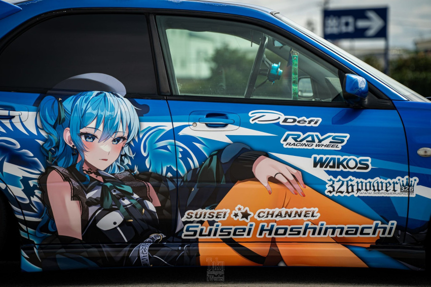 1girl belt black_choker black_shirt blue_belt blue_eyes blue_hair bow car character_name choker crossed_legs earrings green_bow hair_behind_ear hand_on_own_knee highres hololive hoshimachi_suisei hoshimachi_suisei_(streetwear) itasha jewelry long_hair moonbell motor_vehicle official_alternate_costume one_side_up orange_nails photo_(medium) ring shirt sleeveless sleeveless_shirt solo subaru_(brand) subaru_impreza virtual_youtuber