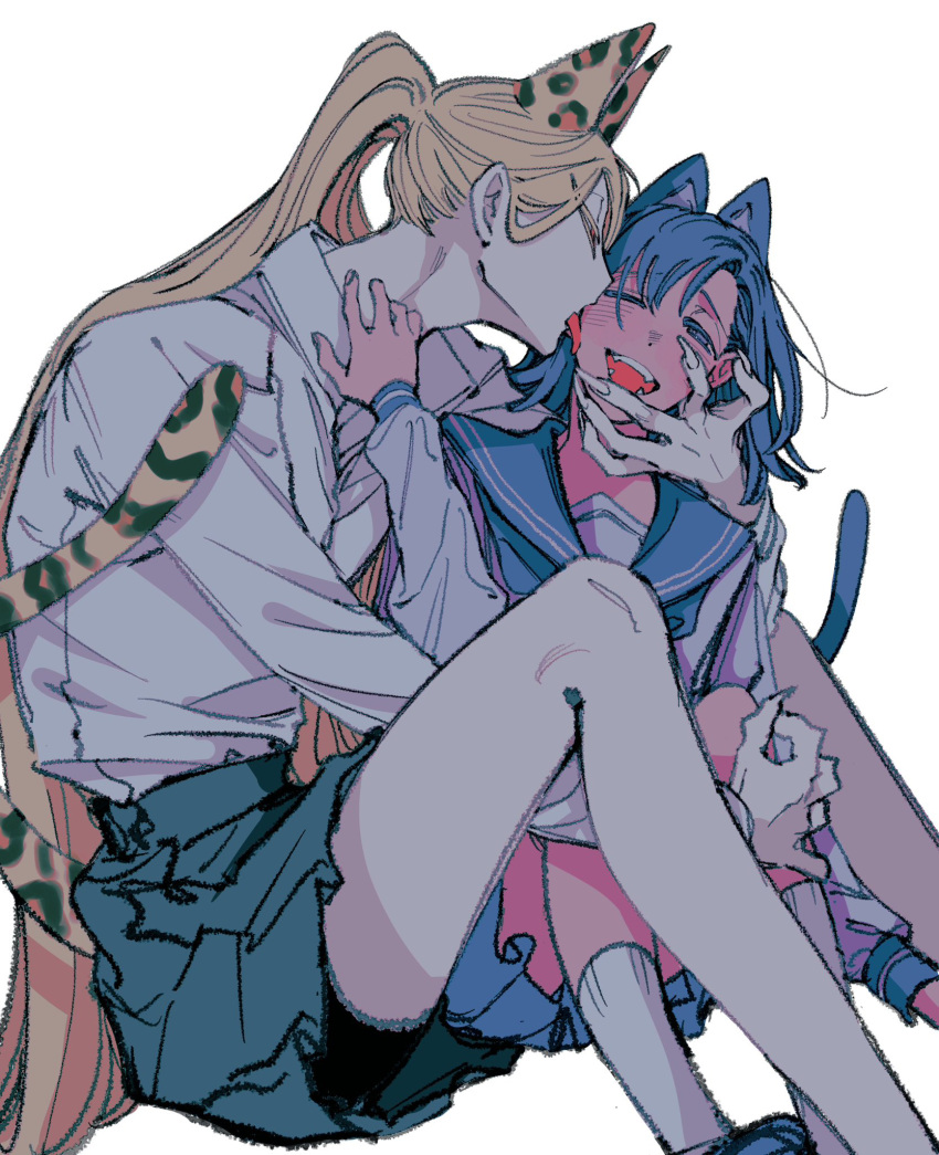 2girls animal_ears blonde_hair blue_hair blue_sailor_collar blue_skirt cat_ears cat_girl cat_tail collared_shirt commentary_request fangs fingernails half-closed_eyes hand_on_another's_face hand_on_another's_leg hand_on_another's_neck highres hug kemonomimi_mode kneehighs leopard_ears leopard_girl leopard_tail licking licking_another's_face long_fingernails long_hair long_sleeves multiple_girls naotin3333 one_eye_closed open_mouth original pleated_skirt ponytail sailor_collar school_uniform serafuku sharp_fingernails shirt simple_background sitting skirt smile socks tail tongue tongue_out very_long_hair white_background white_shirt white_socks yuri