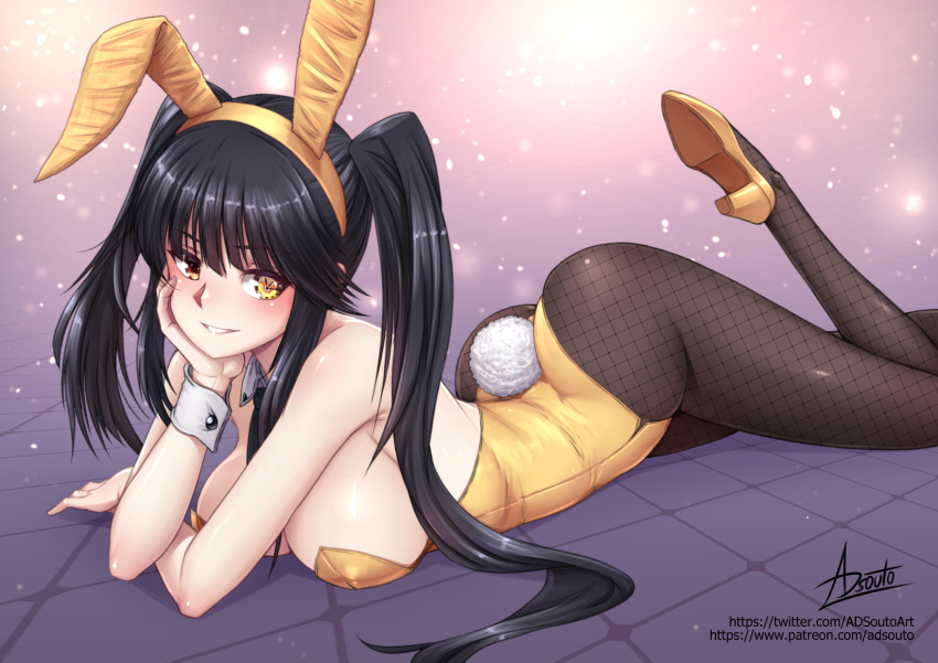 1girl adsouto animal_ears asymmetrical_hair black_hair clock_eyes date_a_live detached_collar fake_animal_ears fake_tail fishnet_pantyhose fishnets grin head_rest heterochromia high_heels highres leotard long_hair looking_at_viewer lying on_stomach pantyhose playboy_bunny rabbit_ears rabbit_tail red_eyes signature smile solo strapless strapless_leotard symbol-shaped_pupils tail tokisaki_kurumi twintails uneven_twintails variant_set wrist_cuffs yellow_eyes yellow_leotard