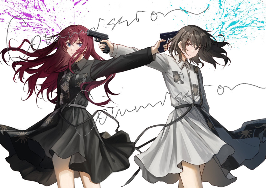 2girls black_shirt black_skirt blood blue_blood blue_eyes brown_eyes brown_hair cowboy_shot firing floating_hair gun gun_to_head hair_between_eyes hand_up handgun highres holding holding_gun holding_weapon kleinlight legs_apart long_hair long_sleeves miniskirt multiple_girls murder original outstretched_arm pink_blood pleated_skirt red_hair shirt side-by-side sidelocks simple_background skirt weapon white_shirt white_skirt