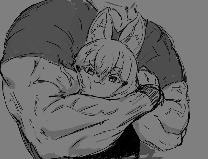1boy 1girl :3 animal_ear_fluff animal_ears closed_mouth greyscale h@nk hair_between_eyes highres hug looking_at_viewer monochrome muscular muscular_male phase_connect smile tenma_maemi upper_body virtual_youtuber