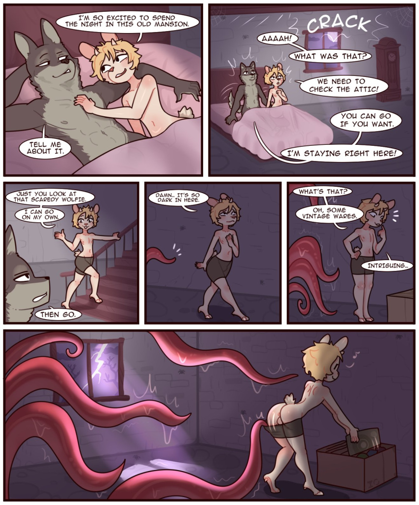 6_panel_comic abs anthro balls bed blonde_hair bovid briefs butt canid canine canis caprine clothed clothing curved_horn dewclaw_hooves dialogue dot_eyes duo english_text fur furniture genitals girly goat grey_body grey_fur hair half-closed_eyes hi_res hooves horn humanoid_genitalia imminent_sex imminent_tentacle_sex lying lying_on_bed male mammal multicolored_body multicolored_fur muscle_tone muscular muscular_anthro muscular_male narrowed_eyes on_back on_bed on_side partially_clothed pecs red7cat speech_bubble tan_body tan_fur tentacles text two_tone_body two_tone_fur underwear underwear_down wolf