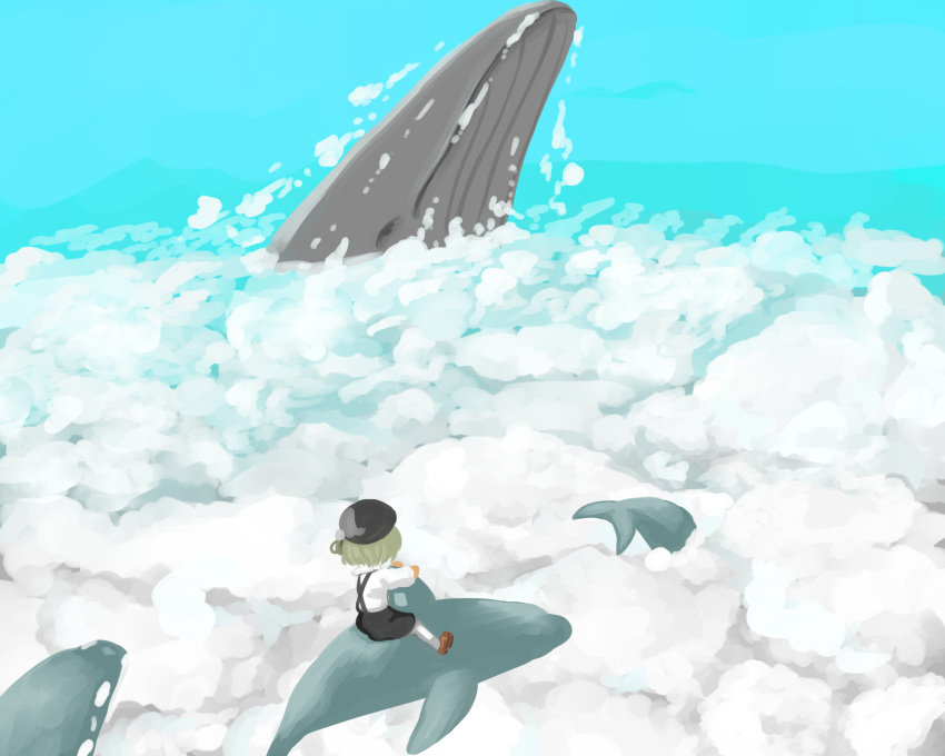 1girl above_clouds beret black_headwear black_skirt blue_sky brown_footwear brown_hair cloud cloudy_sky day dolphin facing_away flying_whale from_side hat hatoba_tsugu highres long_sleeves outdoors pantyhose riding riding_animal shirt shoes short_hair single_hair_ring skirt sky solo suspender_skirt suspenders testest tsugu_(vtuber) virtual_youtuber whale white_pantyhose white_shirt